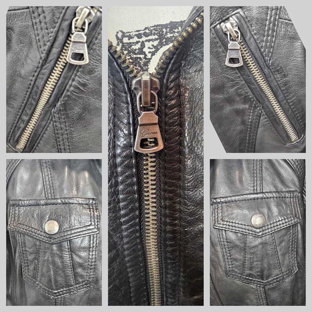 Vintage Y2K Guess Leather Moto Zip Jacket Pockets Size XL - Picture 10 of 12